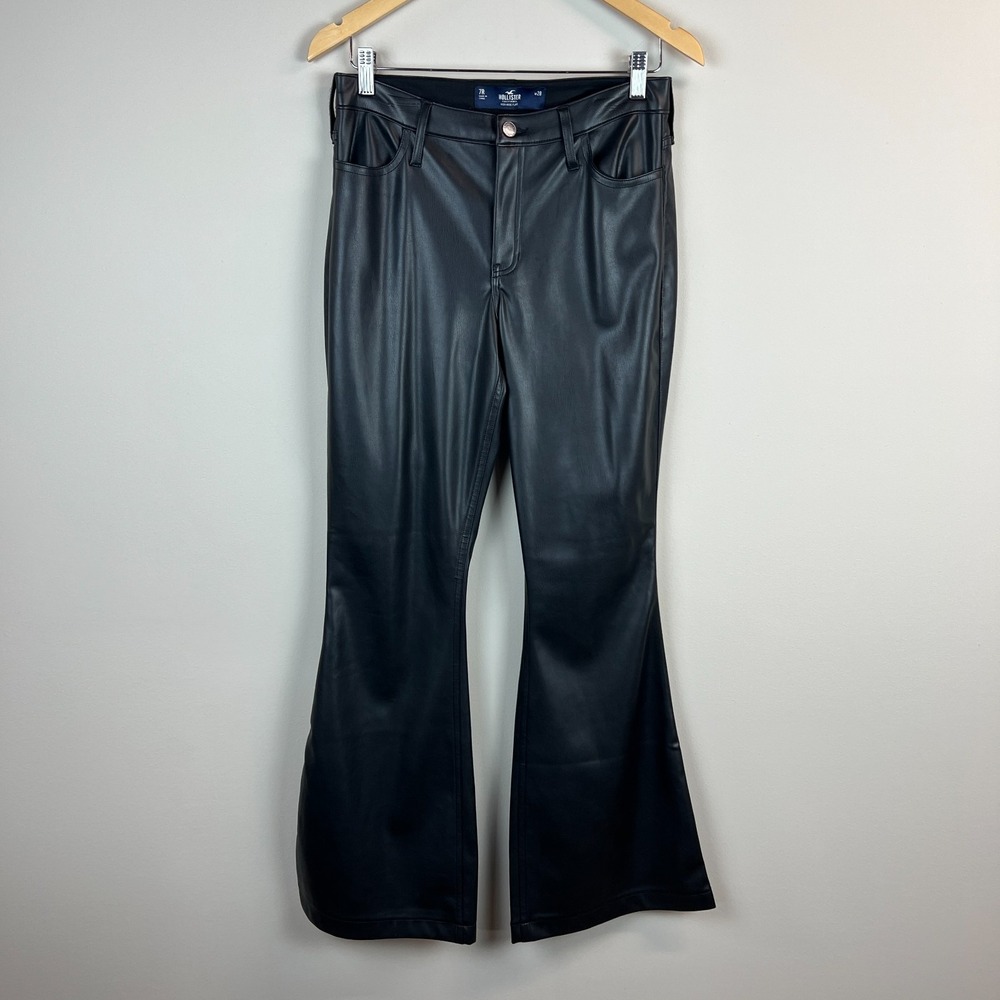 Hollister Flare Pants Womens 28 7R Black Faux Leather High Rise 70s Biker Moto